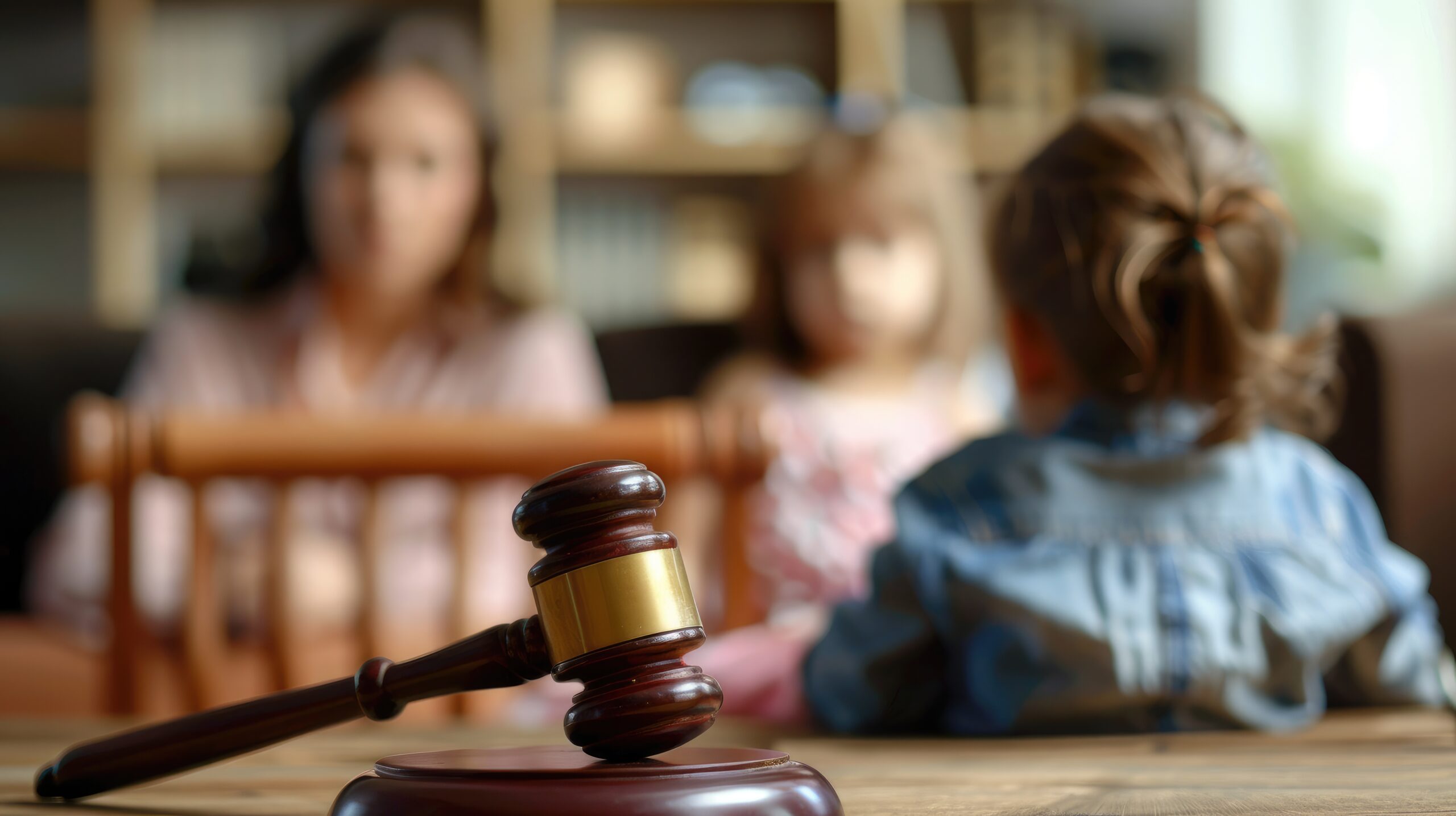 Cute child and mother at table with gavel of judge blurred in background, family law concept